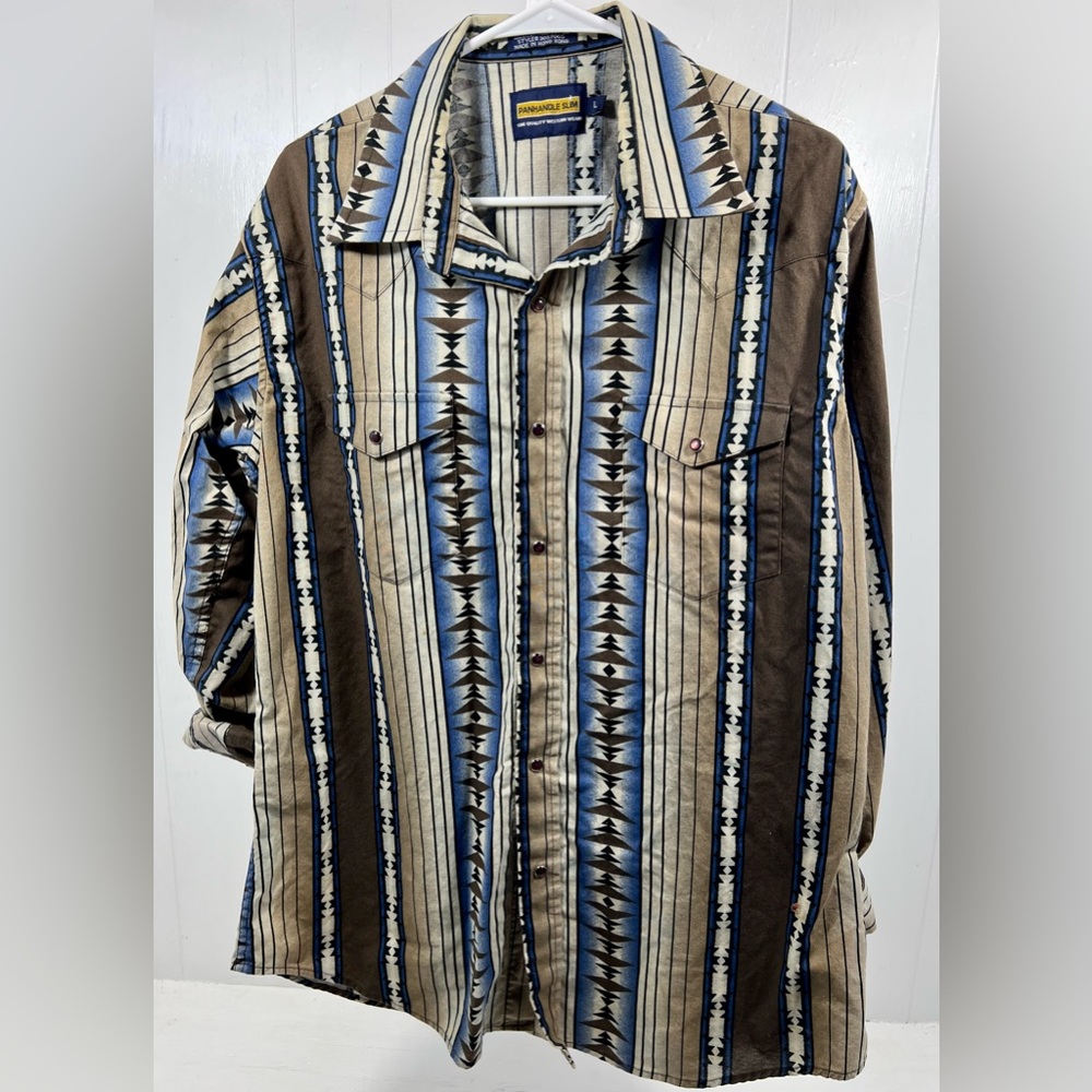 ✨Paradise Slim Brown Blue Sz LARGE Western Shirt w/ Pearl Snaps 🫰 ✨